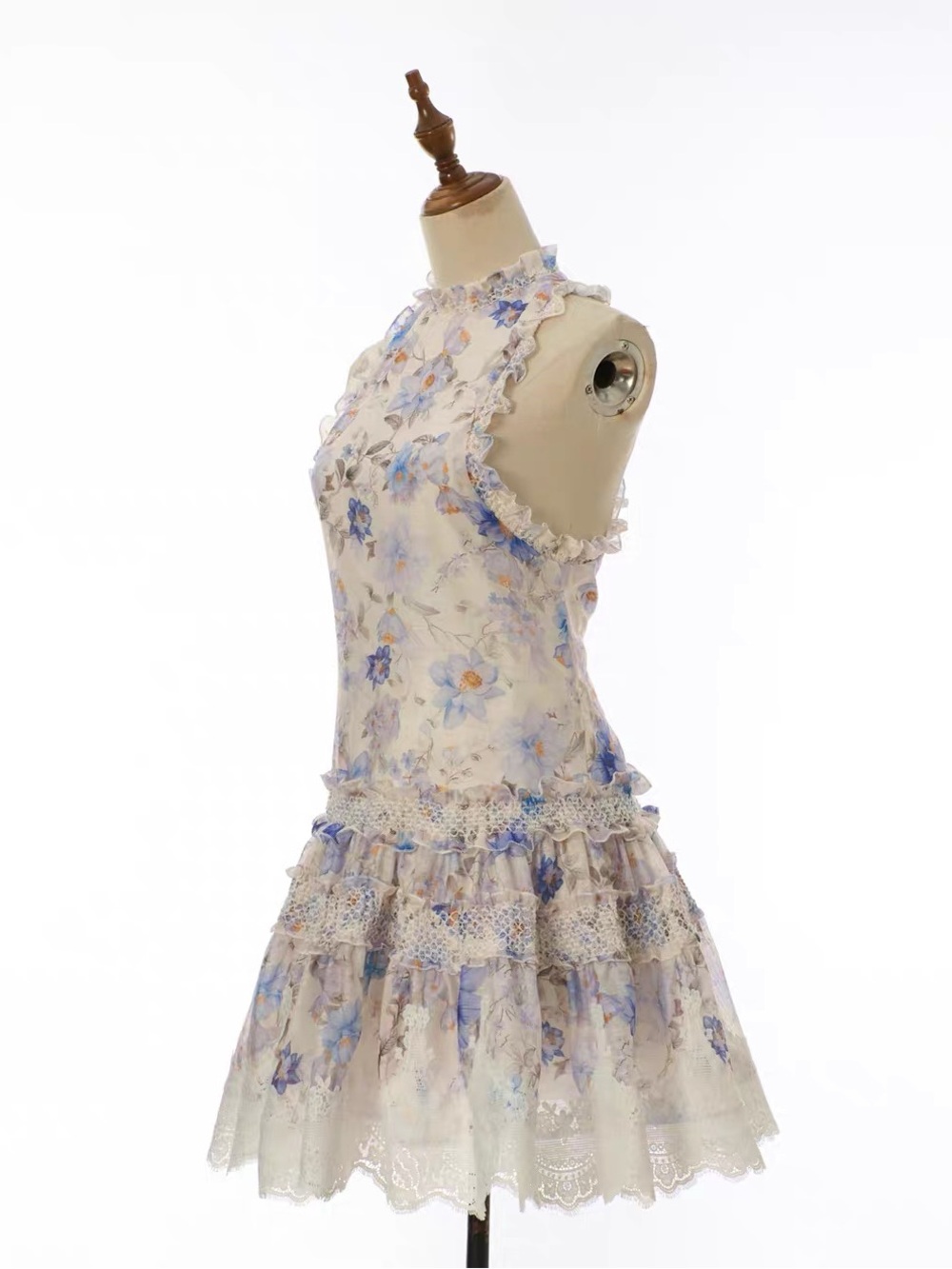 Designer-style Sleeveless Floral Ruffle Mini Dress in Ivory and Light Blue - Picture 2 of 12